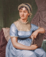 A colored portrait of Jane Austen, who was an English novelist known primarily for her six major novels, which interpret, critique and comment upon the British landed gentry at the end of the 18th century.