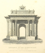 1827 engraving showing the full ornamentation originally intended for the arch, including reliefs and statues. The engraving, from Shepherd's Metropolitan Improvements, was published while the arch was still under construction.