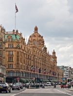 Harrods Department Store as viewed from the north-east along Brompton Road, in London, England.